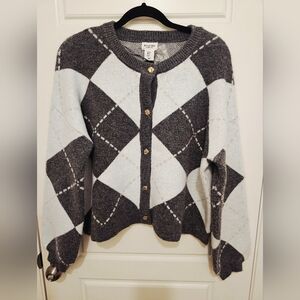 Song Of Style Grey & Light Blue Argyle Knite Cardigan Sweater , Woman Size M.